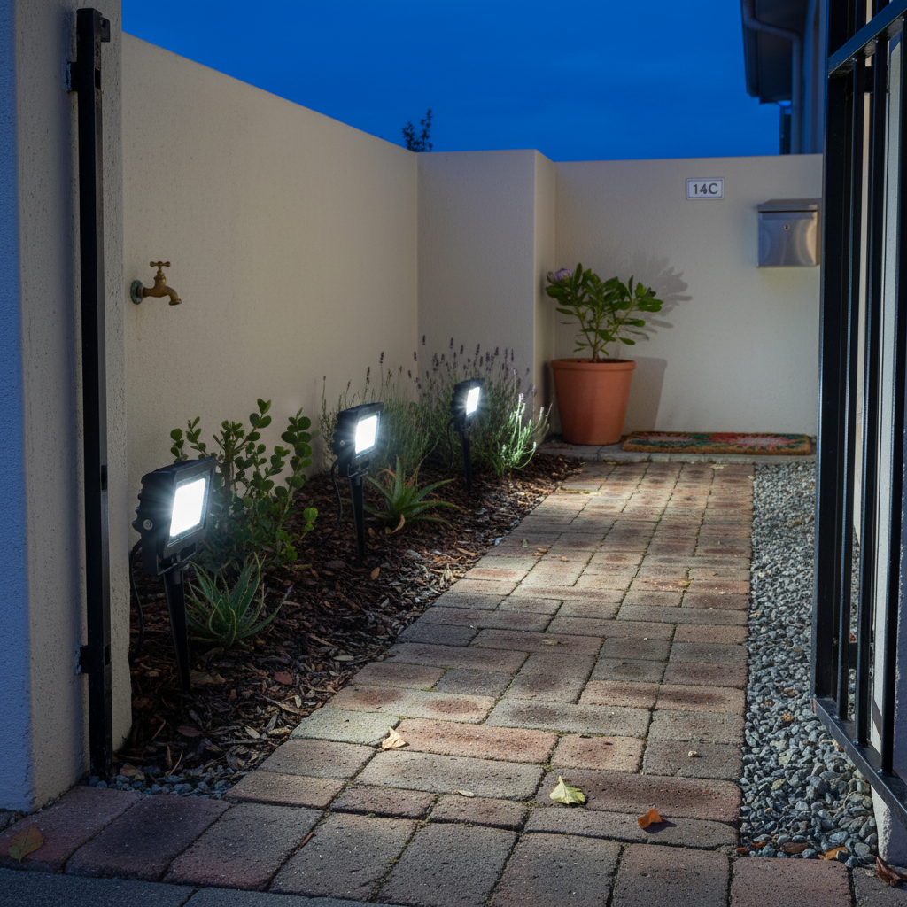 LED spike lights illuminating a garden pathway with plants and a pot in the background.