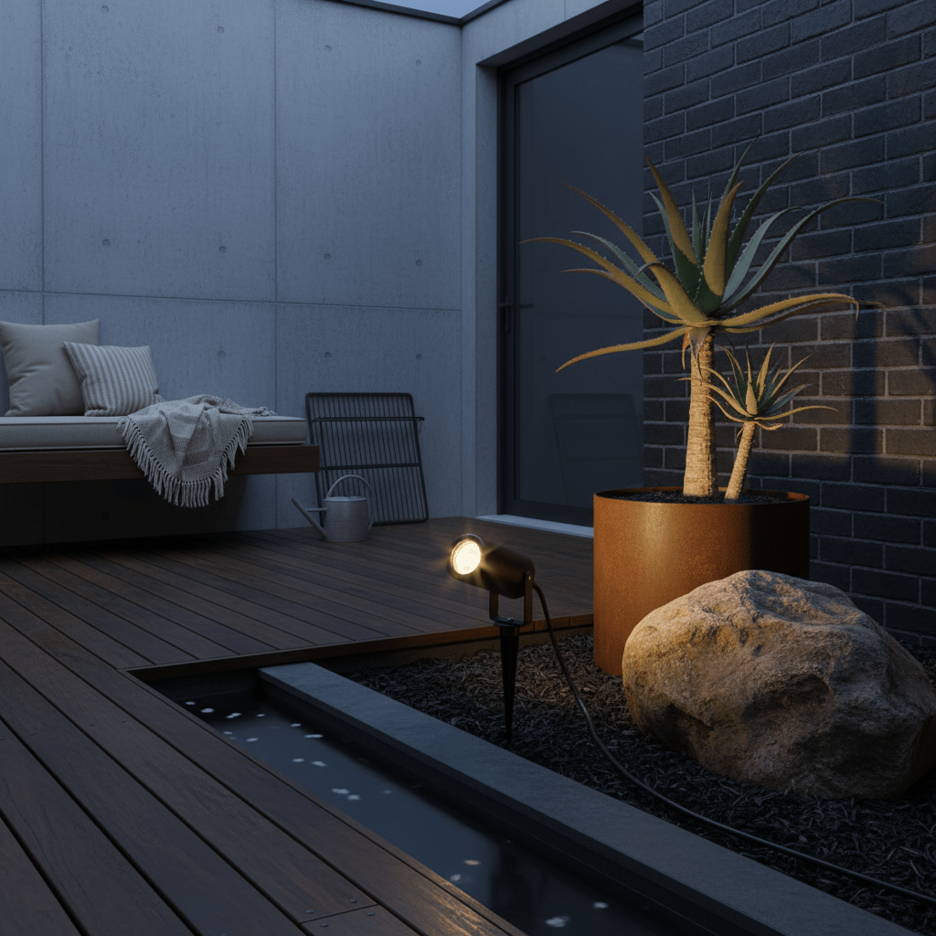 Garden spike light illuminating a potted plant on a wooden deck, with a rock and water feature nearby.