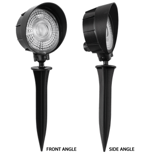 Two black outdoor lights with spikes on a white background, showing front and side angles.