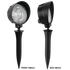 Two black outdoor lights with spikes on a white background, showing front and side angles.