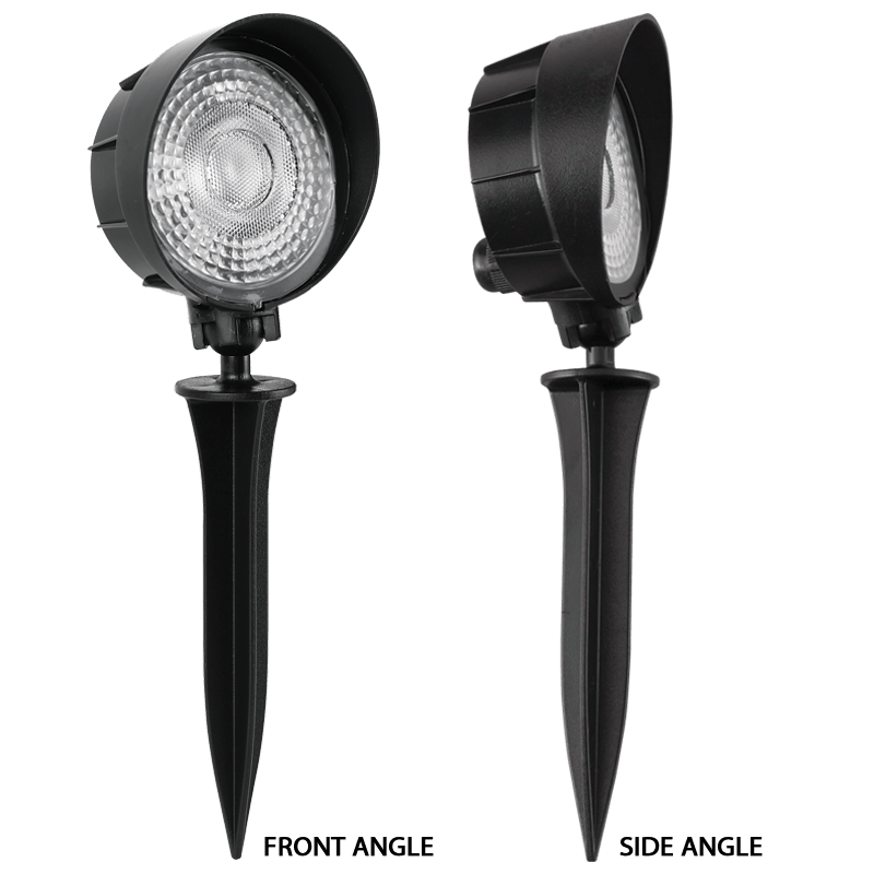 Two black outdoor lights with spikes on a white background, showing front and side angles.