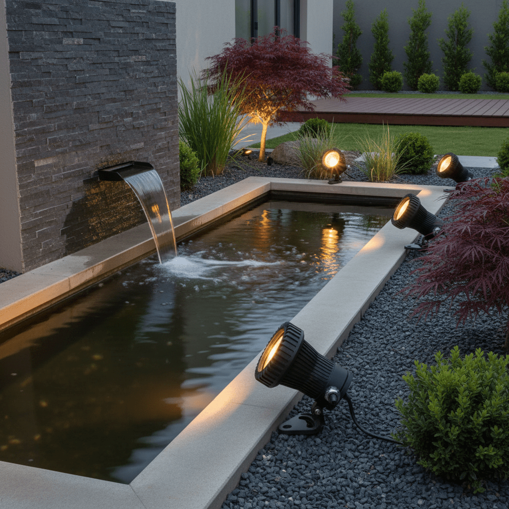 Black 12V pond lights illuminating a water feature with a stone wall and greenery in a landscaped garden.
