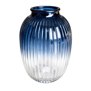 Deep Blue Ombre Ribbed Glass Vase product image