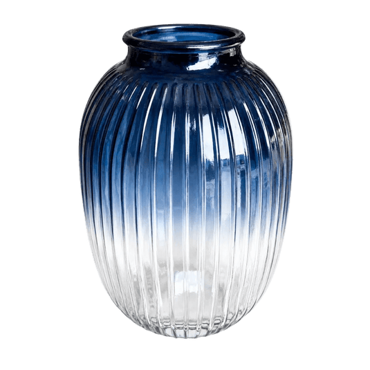 Deep Blue Ombre Ribbed Glass Vase