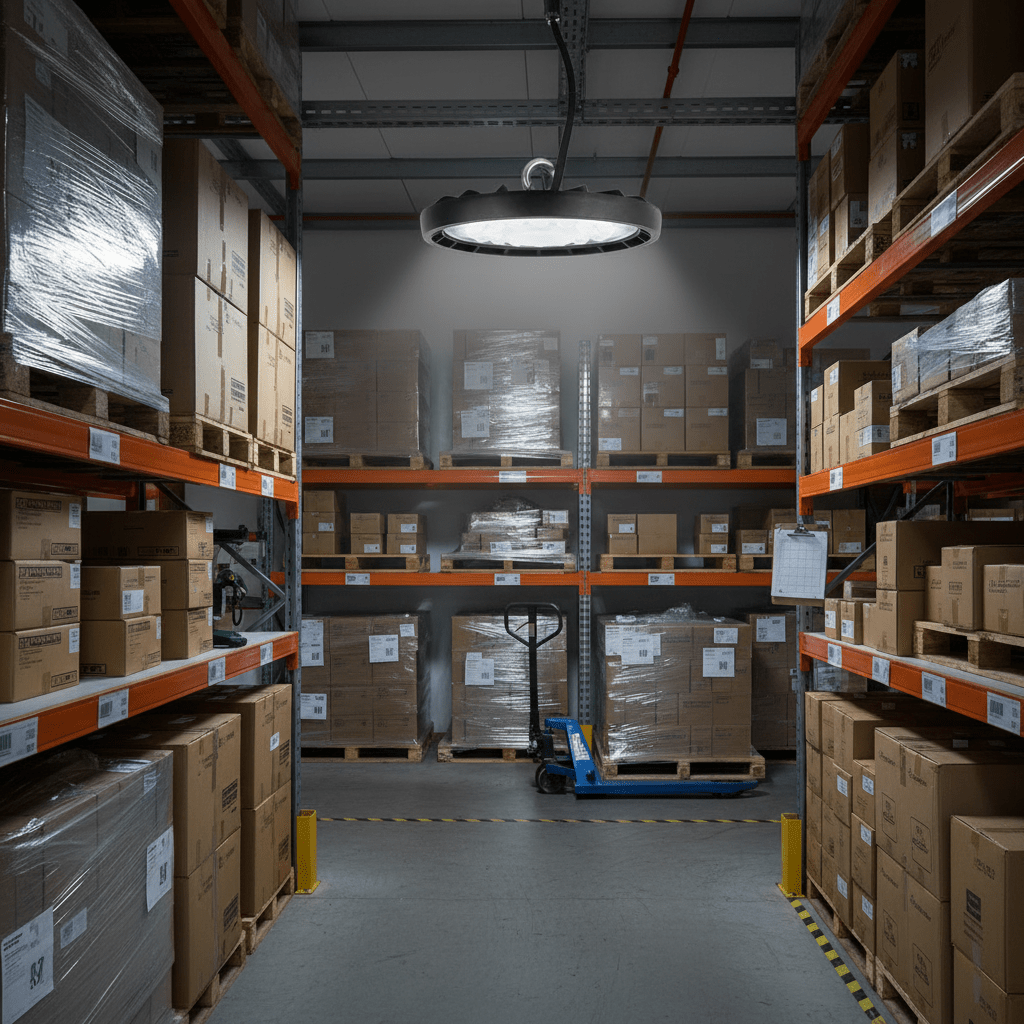 LED high-bay light illuminating a warehouse aisle filled with stacked boxes on pallets.