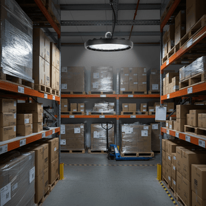 LED high-bay light illuminating a warehouse aisle filled with stacked boxes on pallets.