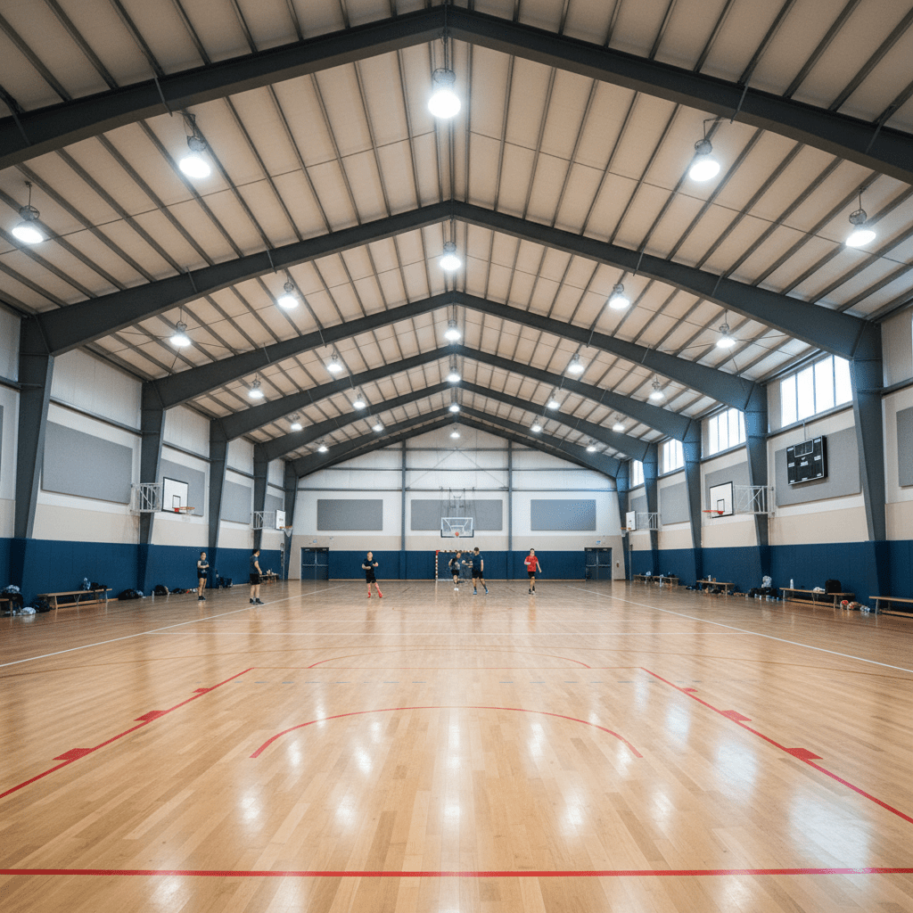 Indoor sports hall illuminated by multiple UFO LED high-bay lights, showcasing a basketball game in progress.