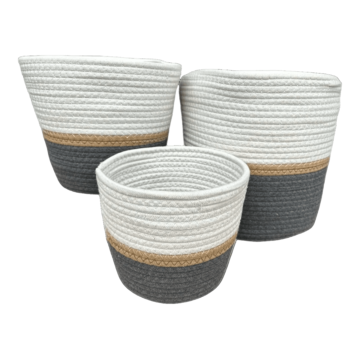 Three white, tan and charcoal woven storage baskets arranged against a plain background