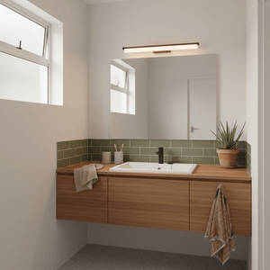 Giada LED Mirror Light installed above a modern bathroom vanity with green tiles and wooden cabinetry.