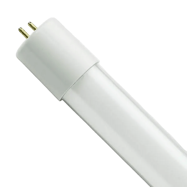 Frosted T8 LED tube with a white plastic base and two gold pins, angled view.