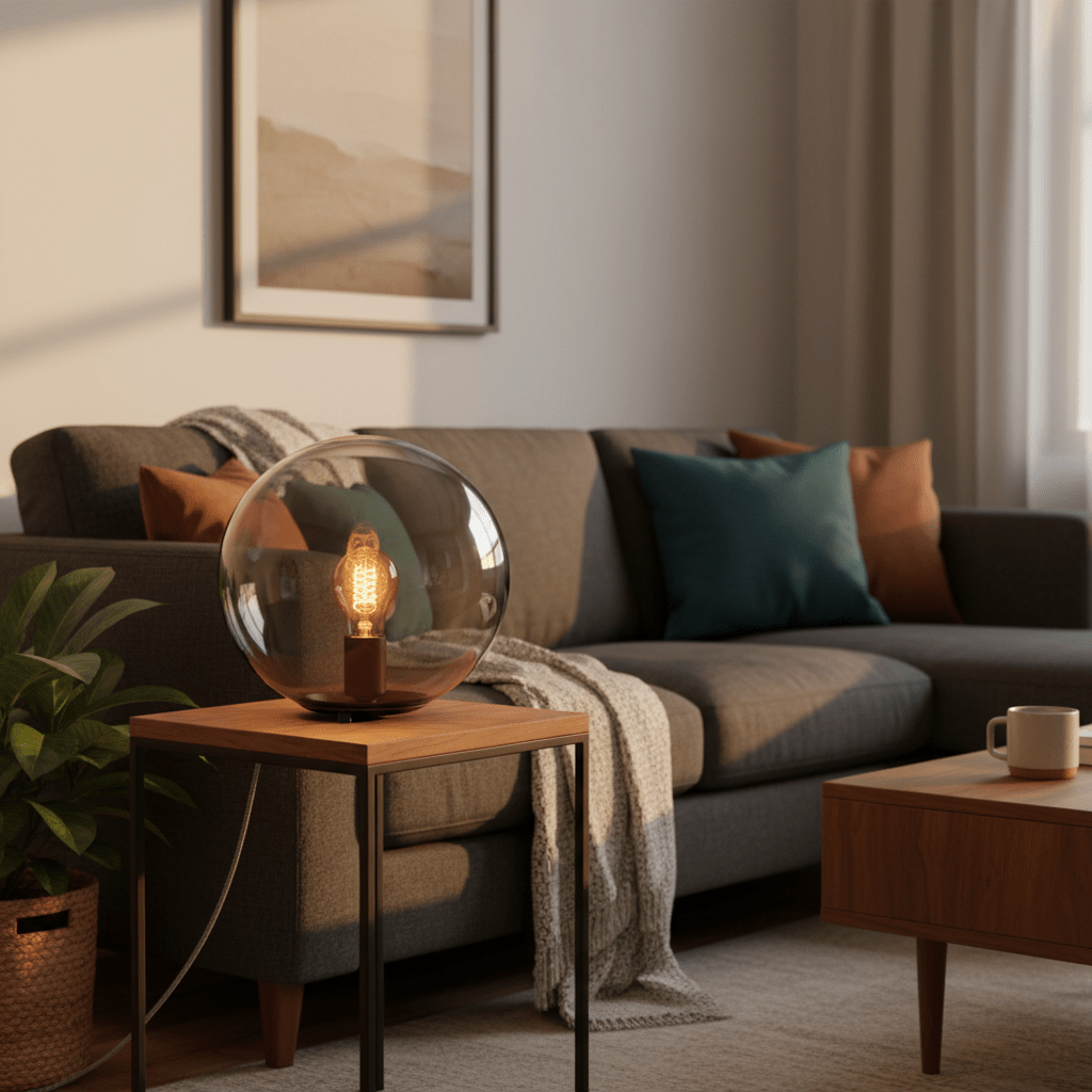 Global Table Lamp on a wooden side table, casting warm light in a cozy living room setting.