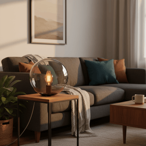 Global Table Lamp on a wooden side table, casting warm light in a cozy living room setting.