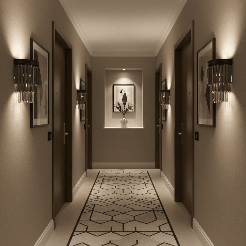Elegant hallway featuring Greta Black Crystal Wall Lights flanking doors, enhancing the decor with soft ambient lighting.
