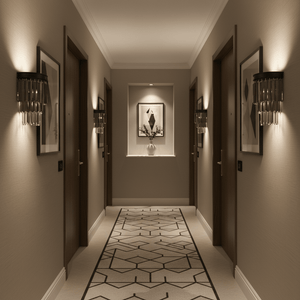 Elegant hallway featuring Greta Black Crystal Wall Lights flanking doors, enhancing the decor with soft ambient lighting.