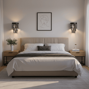 Elegant bedroom scene featuring the Greta Black Crystal Wall Light mounted beside a bed, enhancing the decor.