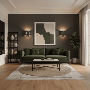 Greta Black Crystal Wall Light mounted on a dark wall, illuminating a stylish green sofa and modern decor.