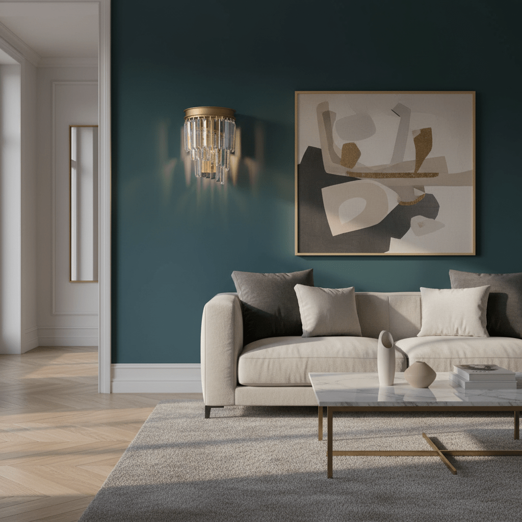 Elegant satin gold crystal wall light mounted beside a modern abstract painting in a stylish lounge.