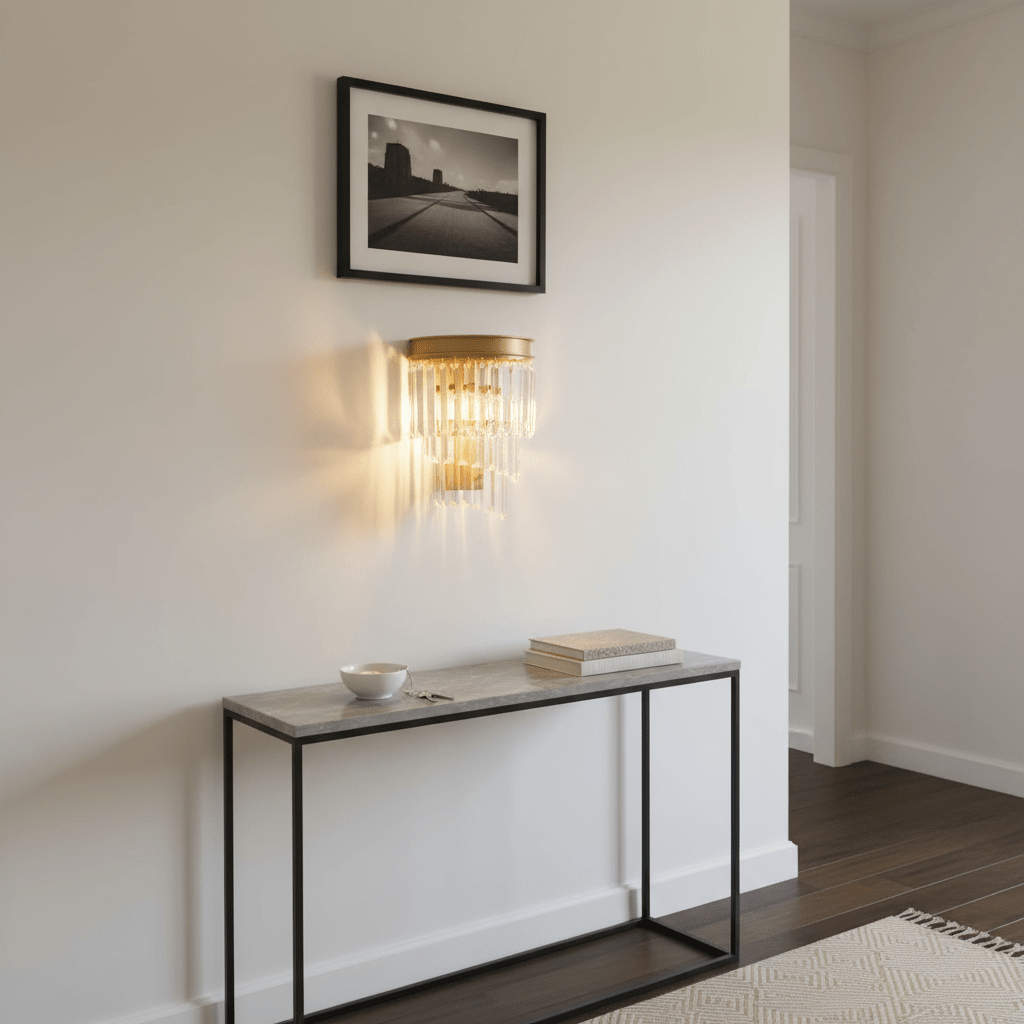 Elegant satin gold crystal wall light mounted above a console table, illuminating a stylish interior.