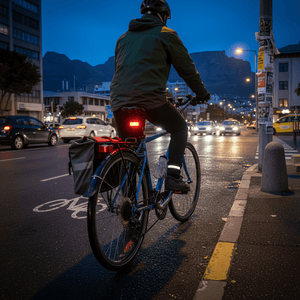 A cyclist on a blue bike rides at dusk, showcasing a gravity-activated brake light on the rear.