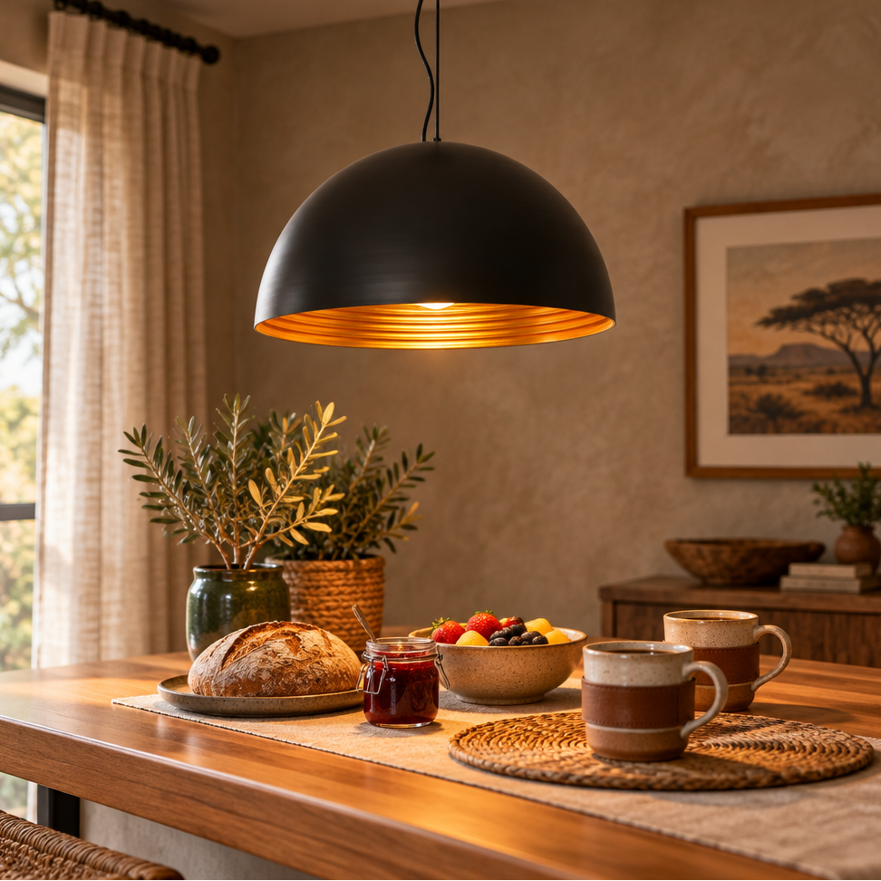 Large dome pendant light with a black exterior and gold interior, suspended from a ceiling mount.
