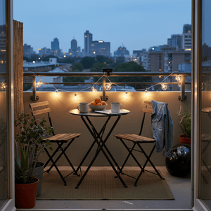 Cozy balcony setup with solar string lights, a round table, two chairs, and a view of the city skyline at dusk.