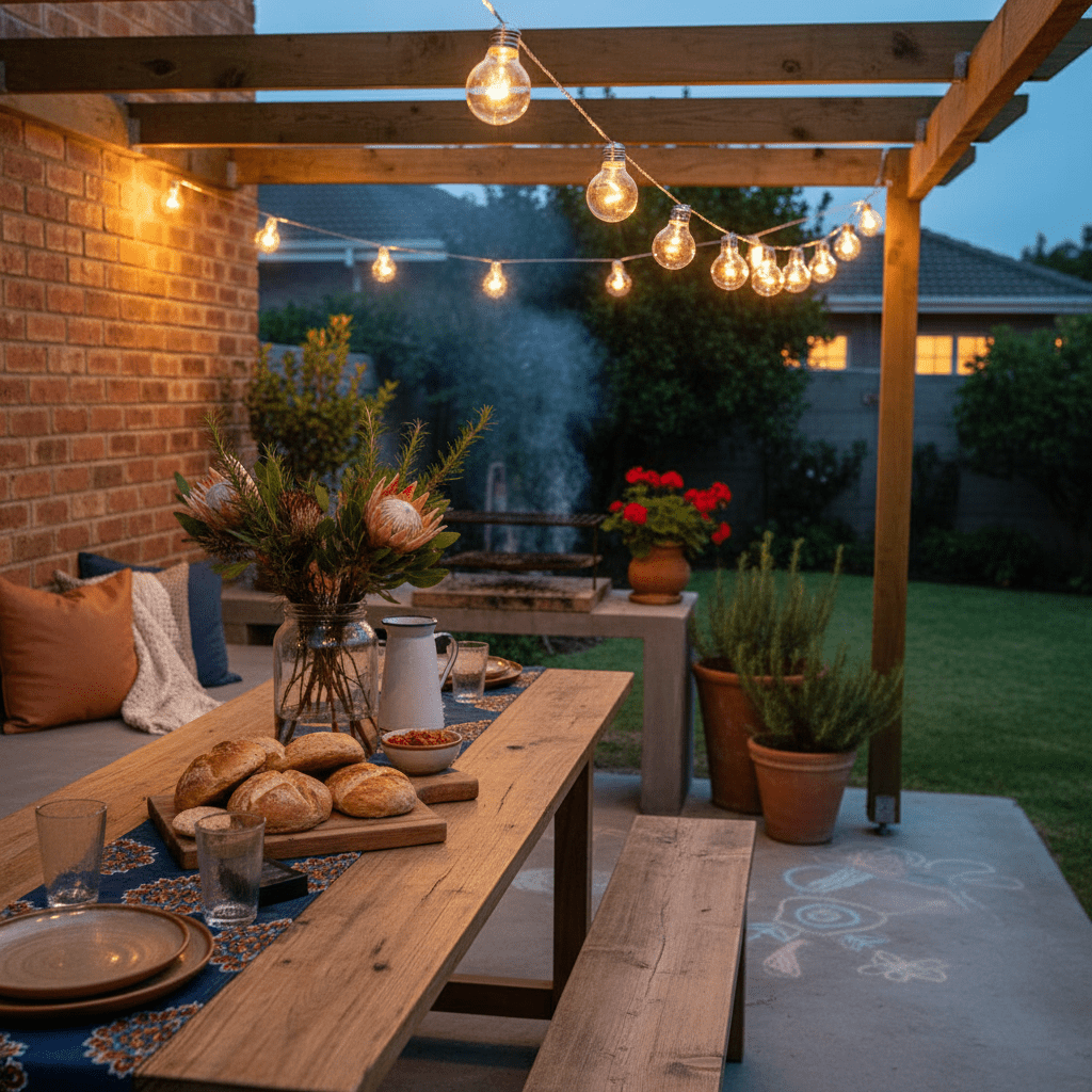Solar bulb string lights illuminate a wooden dining table set with bread and drinks under a pergola.
