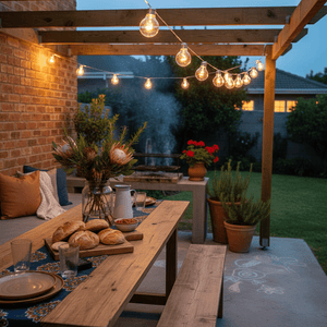 Solar bulb string lights illuminate a wooden dining table set with bread and drinks under a pergola.