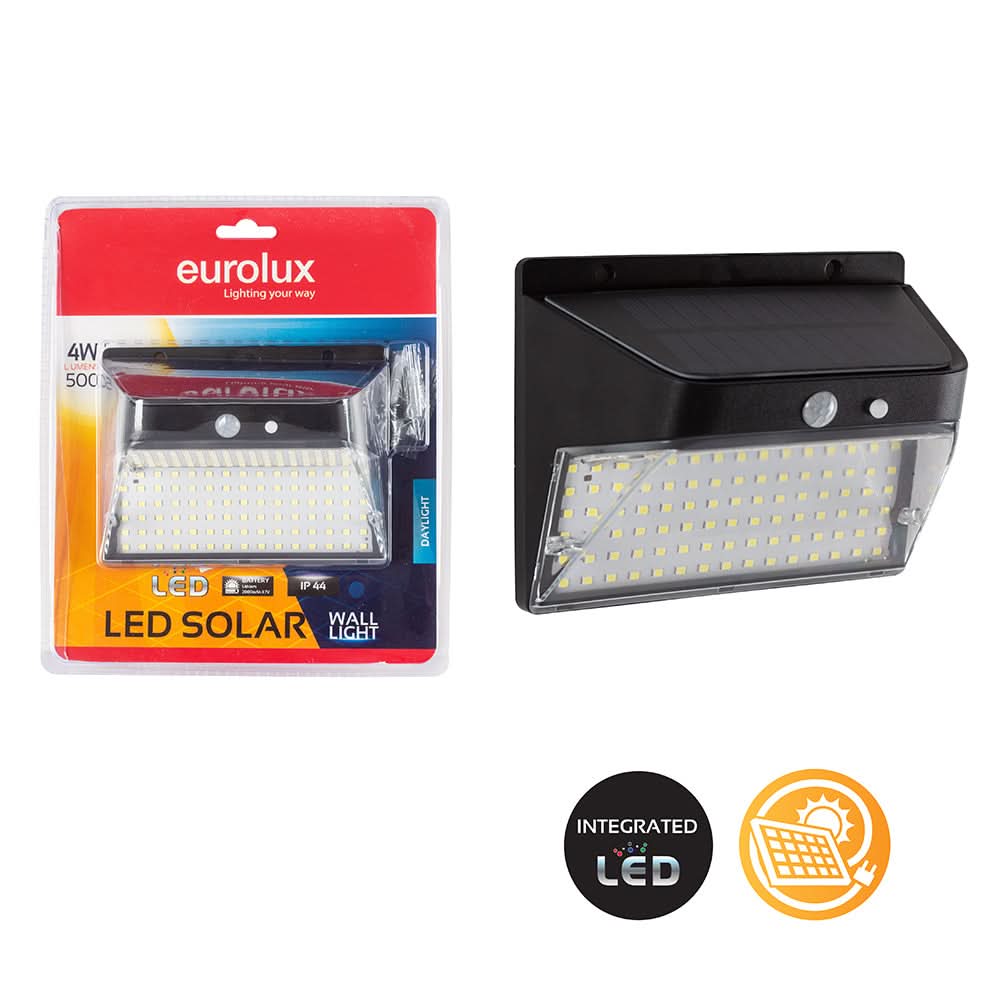 4 Watt Solar Wall Light displayed in packaging alongside the product, showcasing its design and features.