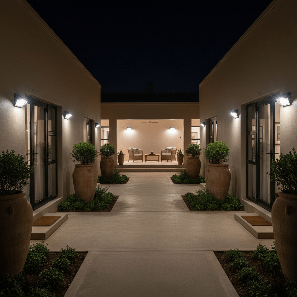 Night courtyard with solar wall lights illuminating pathway and large terracotta planters