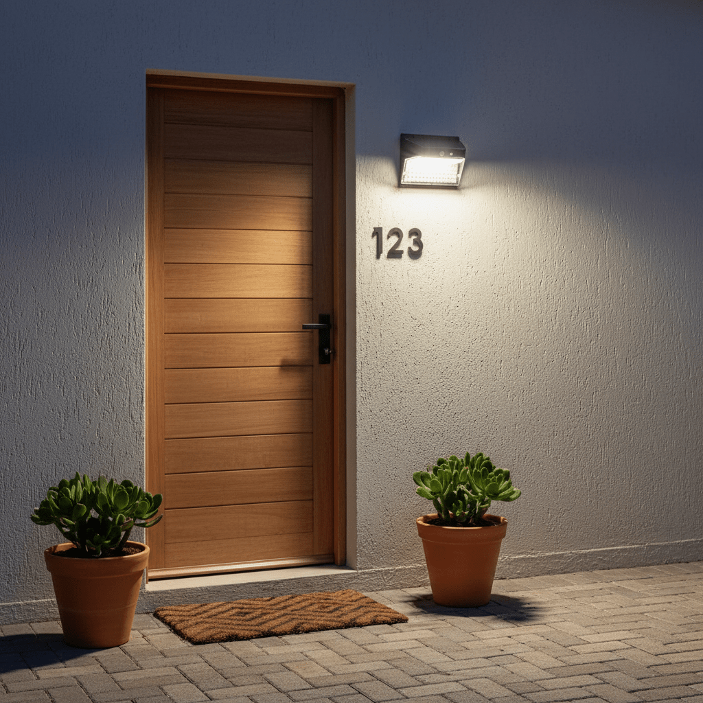 Wooden door with house number 123 lit by a wall-mounted light, flanked by potted succulents and a doormat on brick patio.