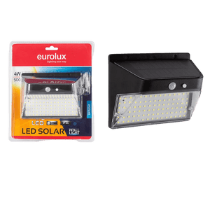 Packaged Eurolux 4W LED solar wall light showing black housing, LED array, and branding on red and blue packaging.
