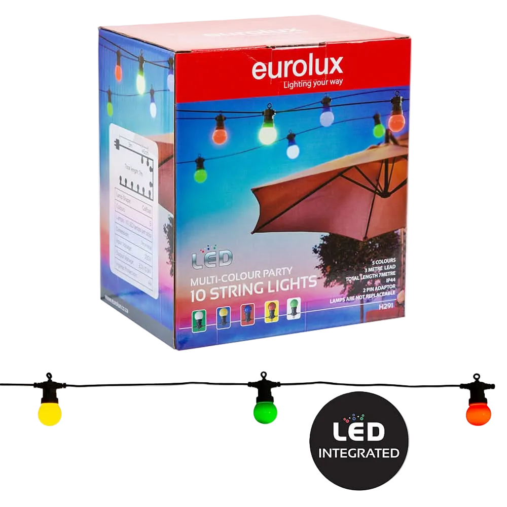 A colorful box displaying "10 String Lights" with a blue and pink gradient, featuring ten opaque LED bulbs in various colors.