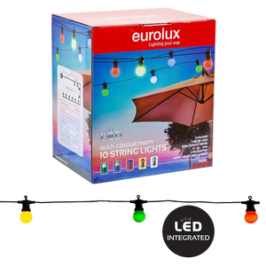 A colorful box displaying "10 String Lights" with a blue and pink gradient, featuring ten opaque LED bulbs in various colors.