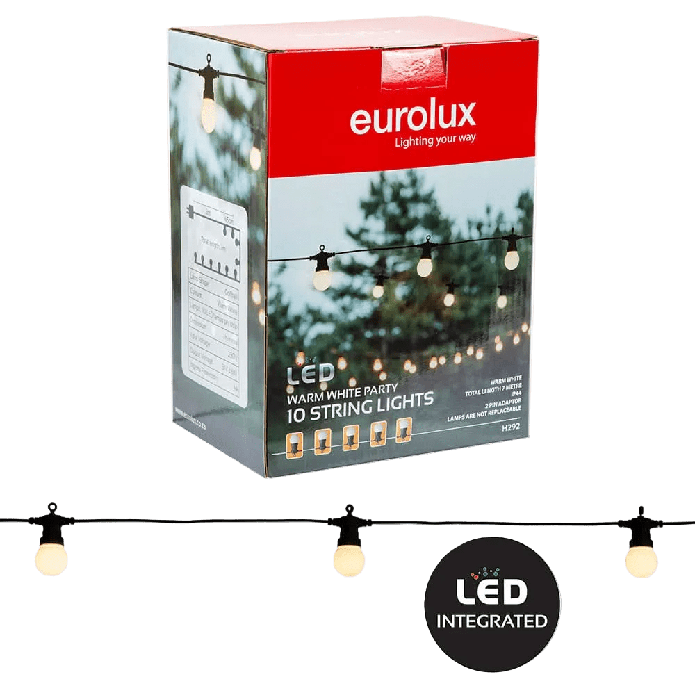 A box of LED string lights with a red and white design, featuring ten opaque warm white bulbs and a black cord.
