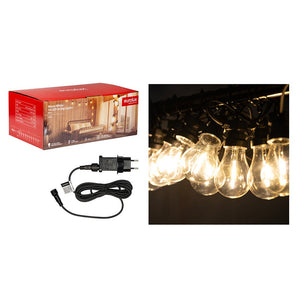 String lights with packaging, adapter, and cable on a white background