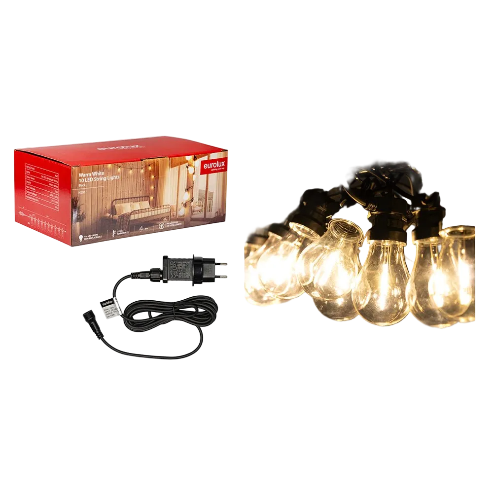 A box of LED string lights with ten warm white bulbs, a power adapter, and a black cord, arranged on a dark background.