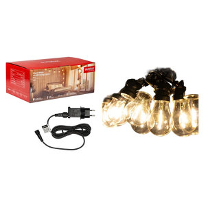 A box of LED string lights with ten warm white bulbs, a power adapter, and a black cord, arranged on a dark background.