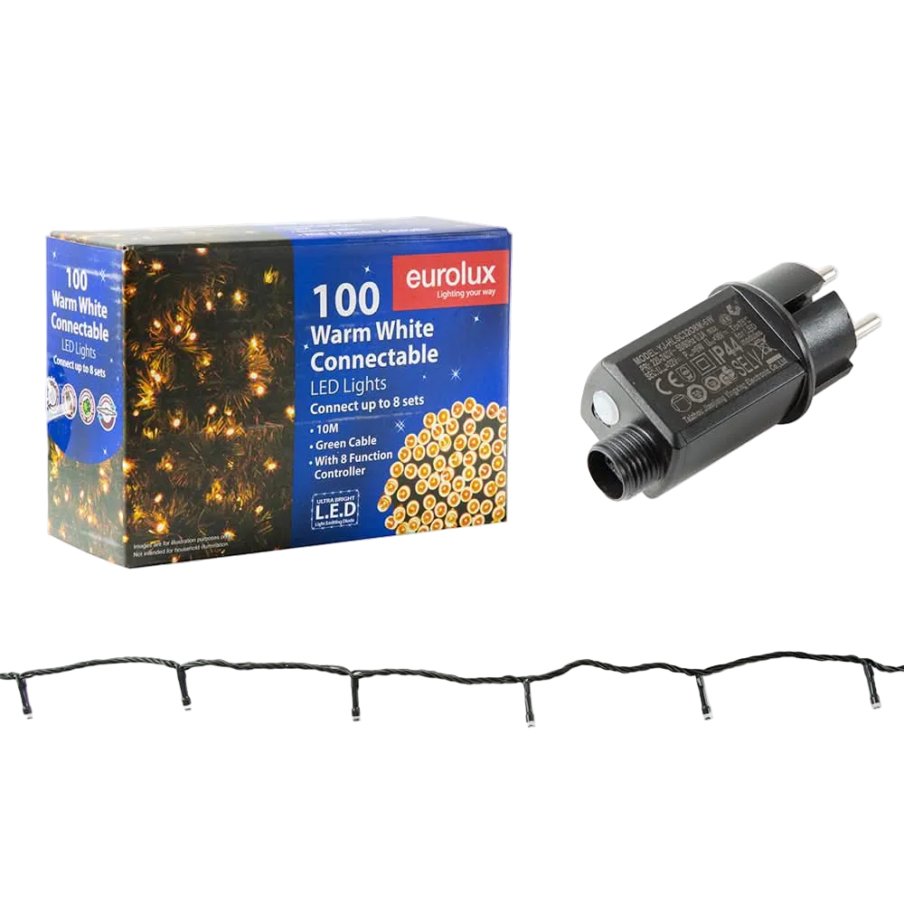 LED Fairy Lights - 10M / Green Cable / Connectable / Warm White