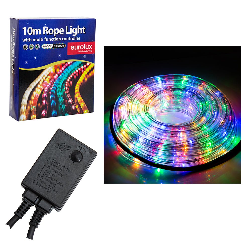 Eurolux 10m rope light set with controller on a white background