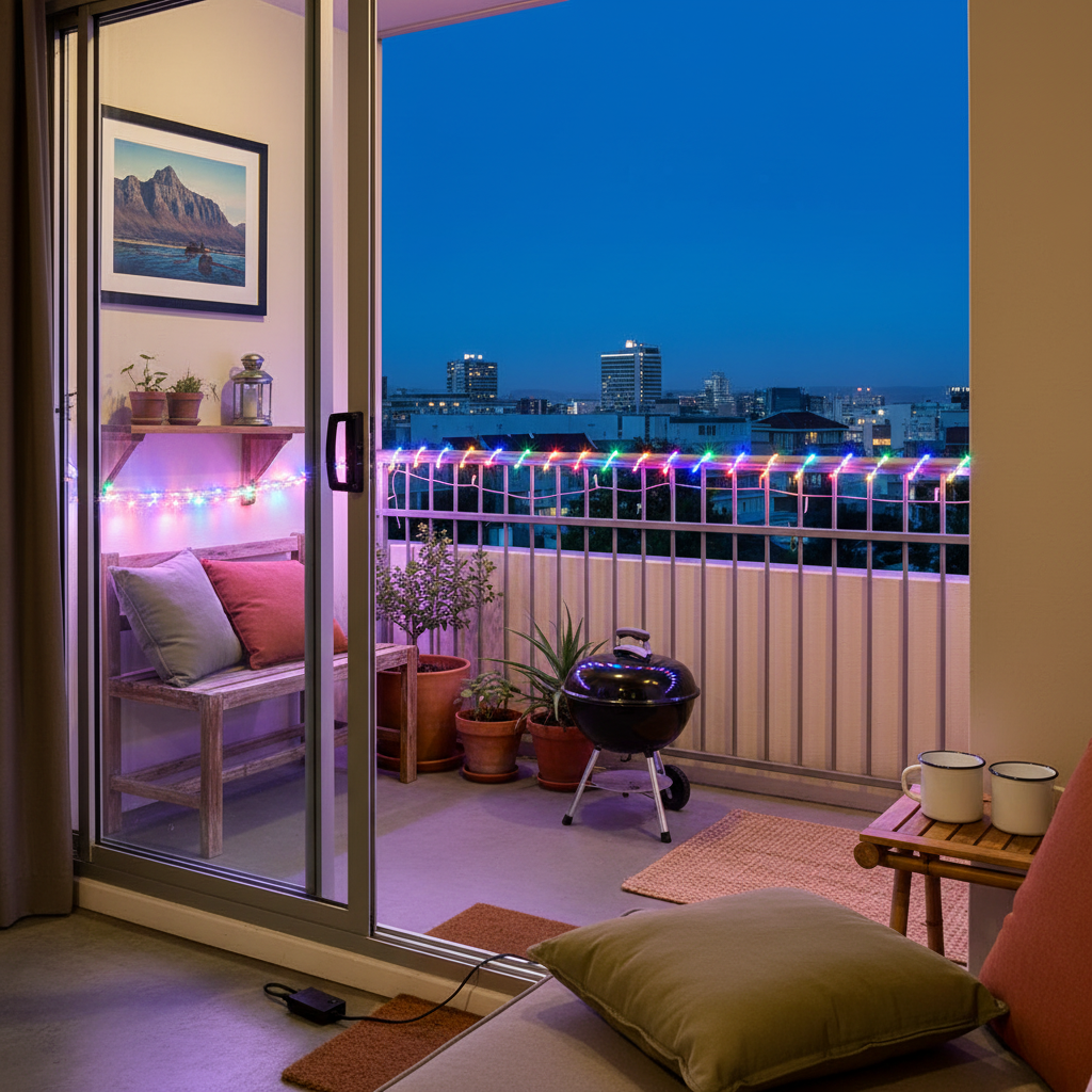 Colorful LED rope lights adorn a balcony railing, creating a vibrant atmosphere overlooking a cityscape at dusk.