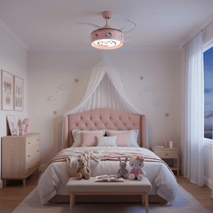 Hello Kitty pink retractable LED ceiling fan in a cozy bedroom setting with plush toys and soft decor.