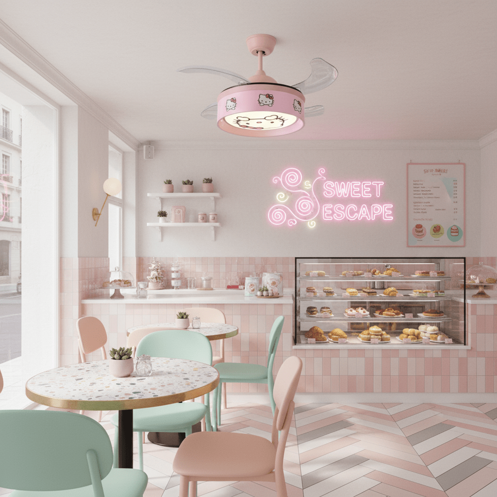 Hello Kitty pink retractable LED ceiling fan in a cafe with pastel decor and a dessert display.