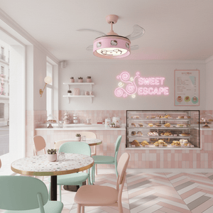 Hello Kitty pink retractable LED ceiling fan in a cafe with pastel decor and a dessert display.