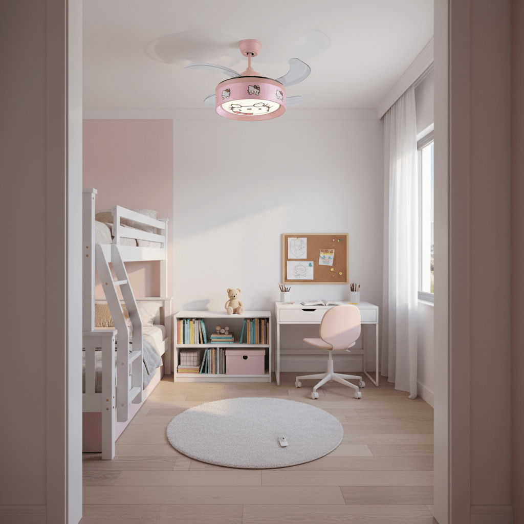Hello Kitty pink retractable LED ceiling fan in a cozy children's bedroom with a bunk bed and study area.