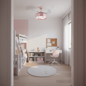 Hello Kitty pink retractable LED ceiling fan in a cozy children's bedroom with a bunk bed and study area.