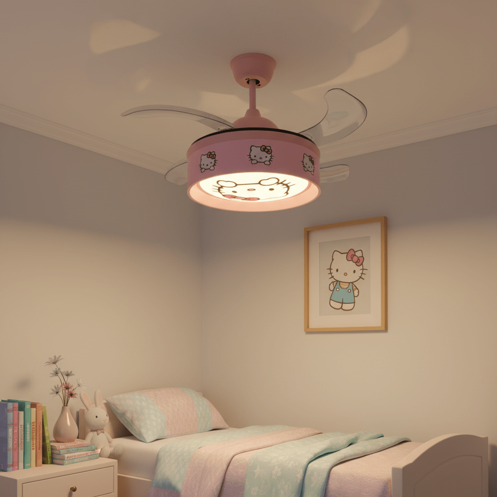 Hello Kitty pink retractable ceiling fan with light in a cozy bedroom setting, featuring playful decor.