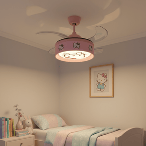 Hello Kitty pink retractable ceiling fan with light in a cozy bedroom setting, featuring playful decor.