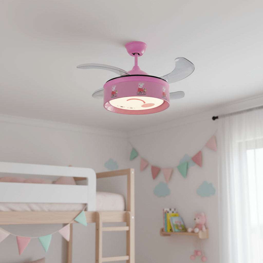 Peppa Pig pink retractable LED ceiling fan installed in a child's bedroom with playful decor.