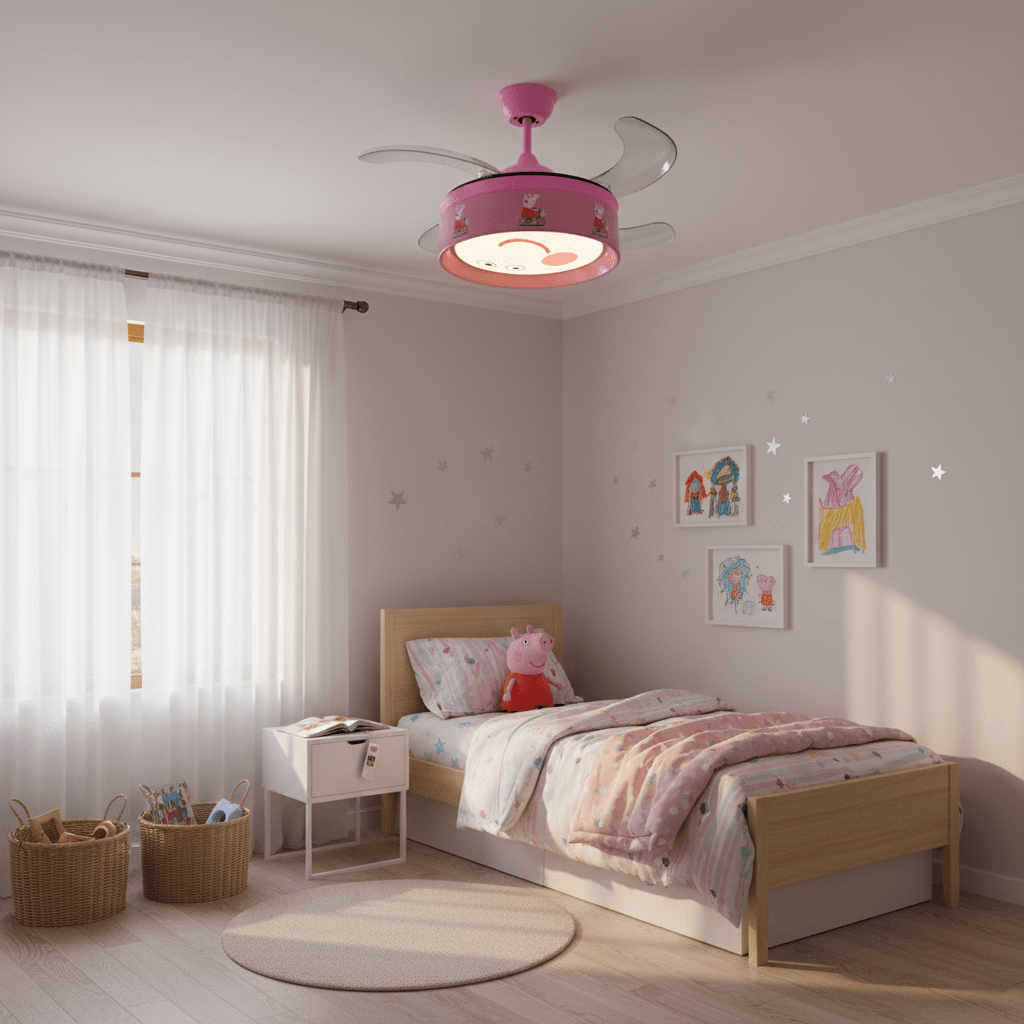 Peppa Pig pink retractable LED ceiling fan in a child's bedroom with a bed, plush toy, and artwork.