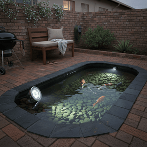 Submersible pond light illuminating koi fish in a brick garden pond